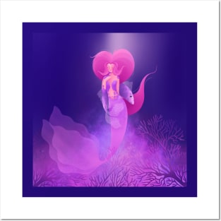 Beautiful pink mermaid with cute purple fish, version 2 Posters and Art